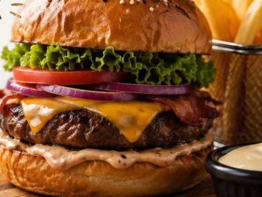 A beef burger with melted cheddar, bacon, lettuce, tomato and red onion, served with fries