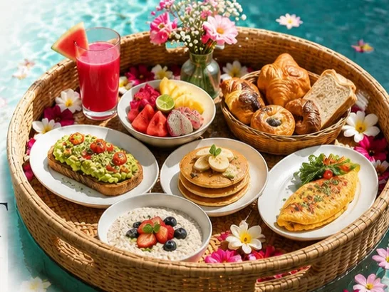 A floating breakfast tray of pastries, fruit, avocado toast, pancakes and an omelette, set in the pool