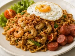 Mie goreng fried noodles with prawns, chicken, sausage and a fried egg