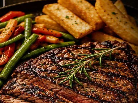 Grilled Black Angus strip loin with fried potato, green beans and mushroom sauce