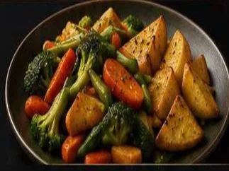 Sauteed seasonal vegetables with broccoli, carrot and roast potatoes